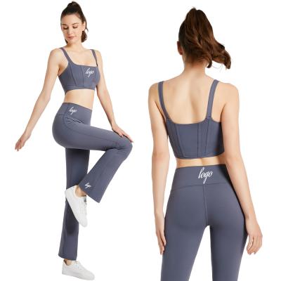 China Breathable OEM Custom Design High Quality Ladies Stretchy Women's Sports Bra 2PCS Flare Pants and Sports Gaiters Set Wholesale for sale