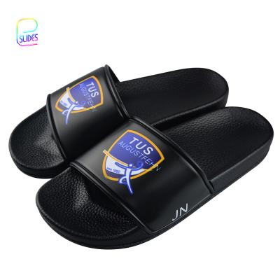 China Custom Fashion Trend Classic Design OEM Color Gym Sports Slides PVC Flat Printed Custom Slippers Logo Plain Blank Sandal Man for sale