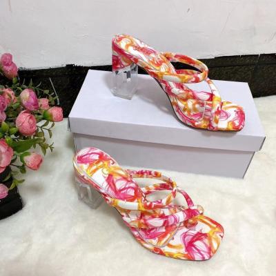 China CUSHIONING New Ladies Adjust High Heel Flip Flop Square Toe Sandal Leather Women Woven Heels Candy Color Toe Shoes Women for sale