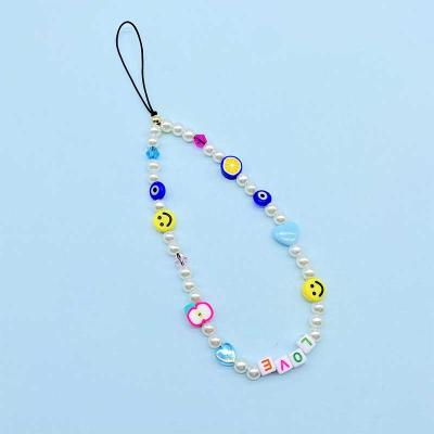 China For mobile glasses/necklace/bracelet wholesale price! Acrylic Bead Smiley Phone Chain Beaded , Turkish Evil Eye Beads Phone Strap for sale