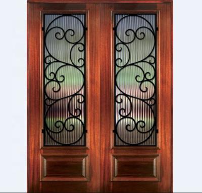 China Pre Hung Solid Wood Double Arched French Wrought Iron Doors Exterior for sale