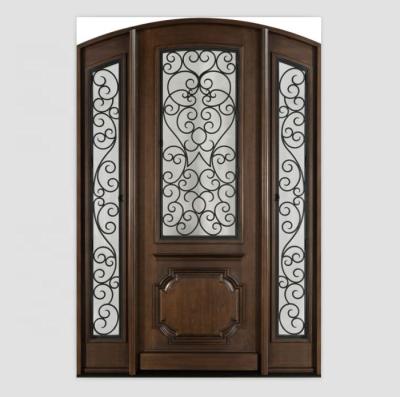 China Contemporary Luxury Wrought Iron Arch Entry Doors Solid Wood for sale