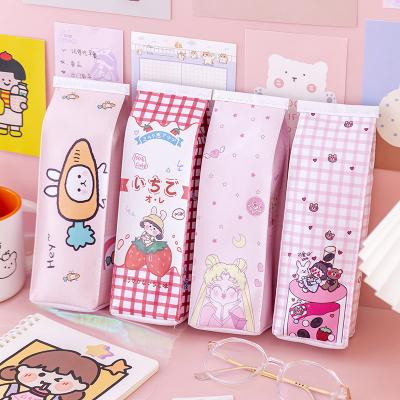 China Wholesale Waterproof Pencil Box School Stationery Student Pen Bag Large Capacity PU Storage Bag Creative Milk Box Cartoon for sale