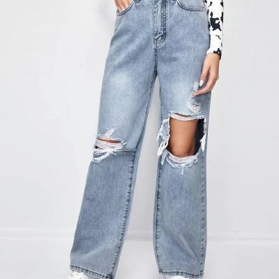 China Breathable blue jeans woman suspend embroidery ripped jeans dropship for sale