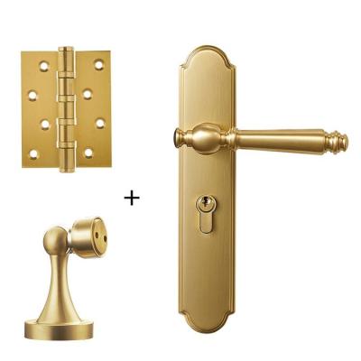 China Modern Home Bedroom Siamese Slot Brushed Solid Brass Door Handle With Lock Sets Gold Brass Door Hardware Interior Lock Wood Handle for sale