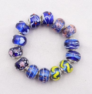 China Fit European Bracelet Charms Bulk Wholesale Mix Blue Series Silver Plated Core Big Hole Murano Bead Glass Big Hole Bead European Bracelet Charms for sale