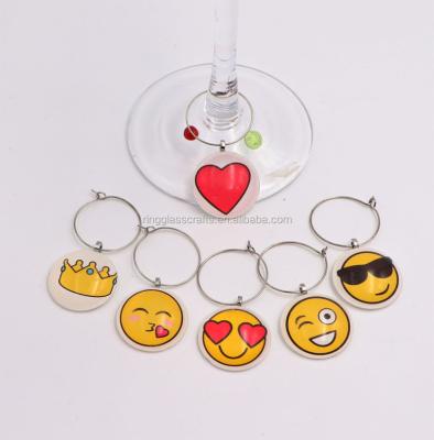 China Wholesale Viable Set of 6 Cartoon Smiley Face Crown Art Glass Wine Charms in China for Bar Wine Kitchen Accessories and Tableware for sale