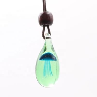 China Murano Jellyfish Jellyfish Necklace Teardrop Jewelry Custom Unique Jewelry Trendy Choker Pendant Blue Glass Blue Wood Beads Green Rope Charm Pendant Necklace for sale