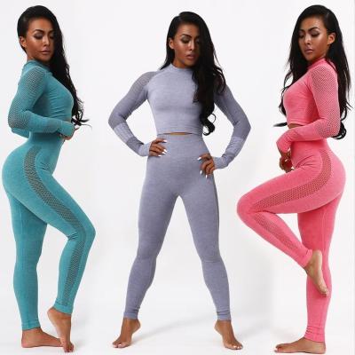 China Breathable Seamless Yoga Set Women Long Sleeve Sports Crop Top With Tumb Hole High Waist Gym Gaiters Activewear for sale