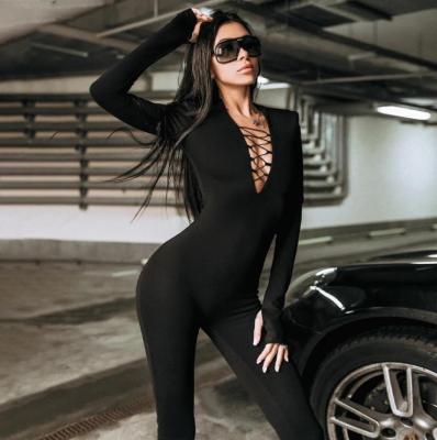 China Wholesale Sexy Breathable Fitness One Piece V Neck Overalls Sports Bandage Jumpsuit 2022 Long Sleeve For Women for sale