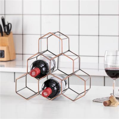 China 6 Bottle Wine Rack Wine Rack Countertop Storage Metal Brushed Gold Honeycomb Design Freestanding For Red White Wine for sale