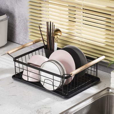 China Durable Rustproof Dish Drying Rack Dish Drainer With Tray Compact Dish Drainer For Kitchen Countertop Cabinet Handle Wood Black for sale