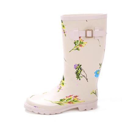 China Manufacturers Price Pattern Factory Cheap Printing Decorative Durable Waterproof With Buckle Durable Rubber Knee High Boots Rain Women Shoes Wellington Boots for sale