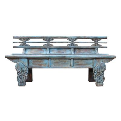 China Hand Carved Chinese Antique Style Reclaimed Blue Color Wood Hand Carved Long Bench for sale