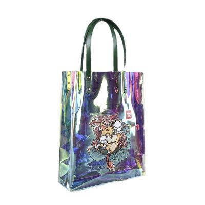 China Water Proof Customized Gift Packaging Bag Handbag PVC Colored Plastic Laser Soft Stick Strap Transparent Shopping Bag for sale