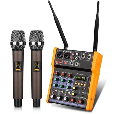 China Handheld Microphone Gym Studio Presentation Use 4 Channel Mixer Home Performance Console With Wireless Microphone for sale