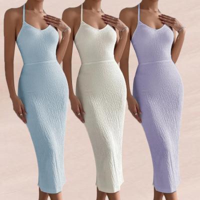 China wholesale Anti-wrinkle summer slim fit maxi knit backless dress women factory color crochet dress high quality solid halter neck beach dress custom made logo for sale