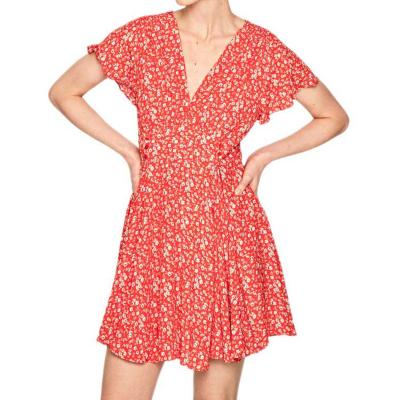 China Factory HL Anti-Wrinkle Floral Dress Manufacturer Summer Party V Neck Sleeve Mini Dress Women High Quality Short Size Red Cotton Custom Made for sale