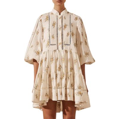 China Manufacturer Designer Anti-wrinkle Clothing HL Summer Long Sleeve Cotton Floral Women Dress Wholesale White Ruffle Custom Mini Dress for sale