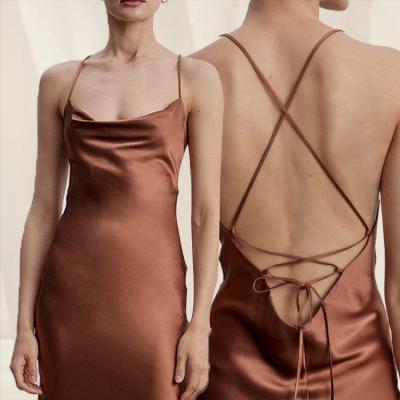 China HL Manufacturer Anti-wrinkle Designer Summer High Quality Silk Women Brown Midi Dress Slip Custom Made Light Satin Dress for sale