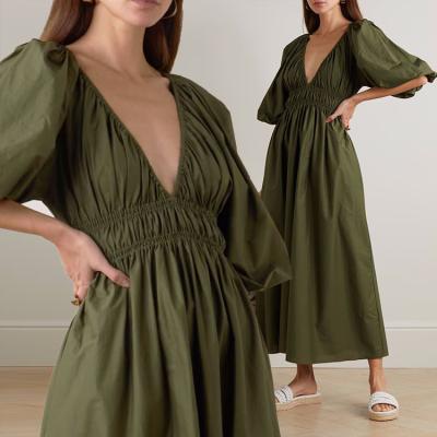 China Anti-Wrinkle Clothes Women's Ruffle Sleeve Breathable Dress V-Neck Waistline Simple Solid Spring Dress Wholesale Canvas High Deep Short Ruffle Maxi Dress for sale