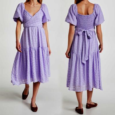 China Anti-wrinkle manufacturer wholesale spring solid purple cotton seersucker dresses women summer designer madi custom ruffle dress for sale