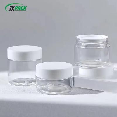 China Empty 15ml 30ml Plastic Cosmetic Packaging Jars Clear Jar With White Lid Body Scrub Cream Jars for sale