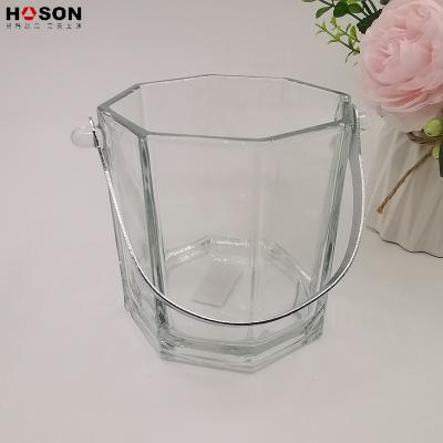 China Art Cooler Clear Vintage Stocked Glass Ice Bucket With Clip and Metal Handle for sale