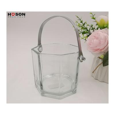 China Glass Wine Ice Bucket Spit Bucket Square Stocked Glass Ice Bucket With Handle for sale