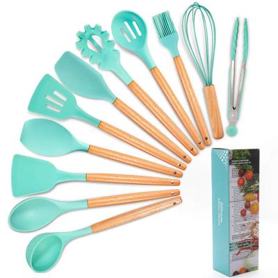 China Viable BPA Free Wholesale Wooden Handle 11 PCS Silicone Cookware Cookware Utensil Set for sale