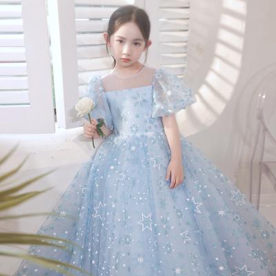 China Comfotable Wholesale Kids Blue Fluffy Yarn Princess First Communion Skirt Wedding Even Child Ball Gown With Ruffle Sleeve for sale