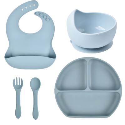 China Children's Food Grade Children Silicone Baby Bib Suction Plate Spoon Fork Bowl Set Baby Feeding Set for sale