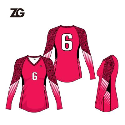 China Women Dry Fit Custom Ladies Sublimated Printed 100% Polyester Volleyball Tank Top Woman Long Sleeve Rose Red for sale