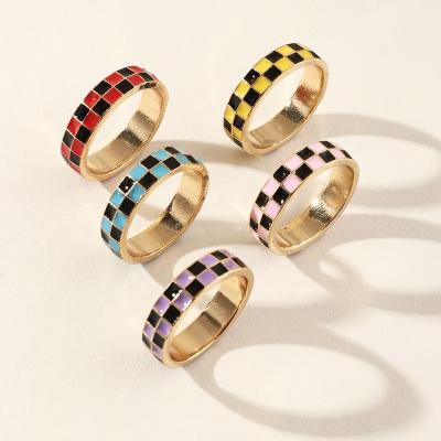 China 2021 New Vintage Color Ring Fashion Creative Geometric Checkered Colorful Enamel Ring Square Enamel Drip for sale