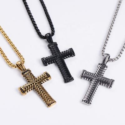 China Punk Mens Chain Black Gold Filled Stainless Steel Fashion Simple Jesus Cross Necklace Accessories Pendant Jewelry For Men for sale