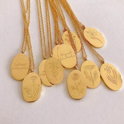 China Will Not Fade Custom 18K Gold Plated Irregular Oval Stainless Steel Birth Flower Pendant Necklaces For Women Jewelry for sale