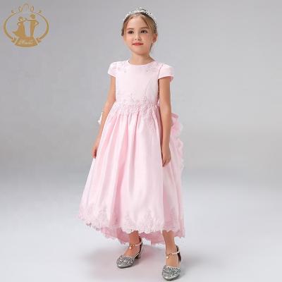 China 2019 New Design Imported Satin Bow Ruffle Cap Sleeve Mermaid Lace Up Pink Bridesmaid Dress for sale