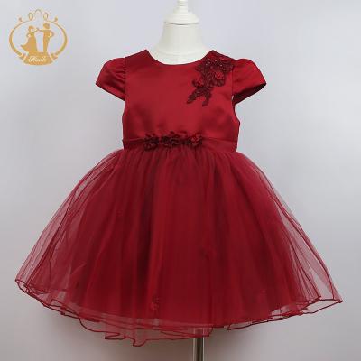 China Newest Design Breathable Nimble Flower Satin Short Sleeve Elegant Beading Baby Dresses 1-4 Years Old for sale