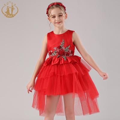 China Wholesale China Breathable Style Embroidered Rose Flower Sleeveless Red Color Tulle Night Party Girl Dress for sale