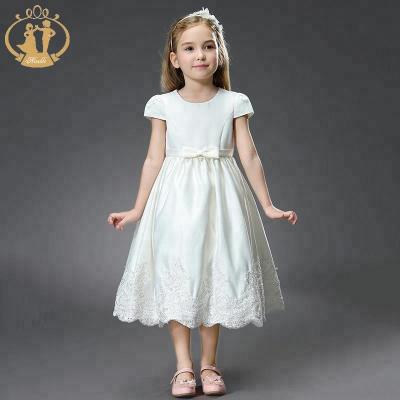 China Anti-Static Girls Wear White Flower Girl Ribbon Design Organza Long Prom Dress For 4-12y Kids for sale