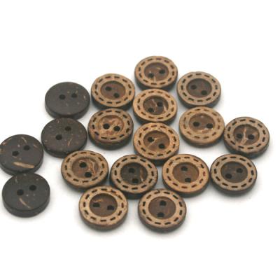 China 2 Hole Coconut Shell Buttons Nickel Free Natural Sewing Buttons With Line Coffee Brown Laser Dot Color for sale