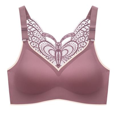 China Breathable Seamless Bra V-Neckline Sleep Bra With Lace Back One Piece Ice Butterfly Ice Silk Traceless Backless Bra for sale