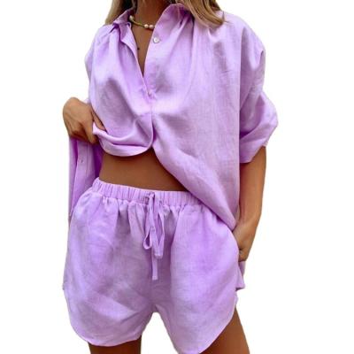 China 2022 Women's Pajamas Summer Breathable Oversized Two-Piece Set Loungewear Female Pajamas Linen Shirt Shorts Set for sale