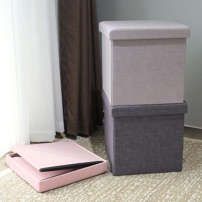 China Wholesale New Gray Linen Fabric Printed Folding Storage Box Customized Foldable Footrest Ottoman Ottoman Stool for sale