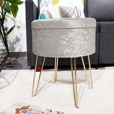 China Custom Velvet Living Room Furniture Storage Stool Round Stool Pouf With Metal Foot for sale