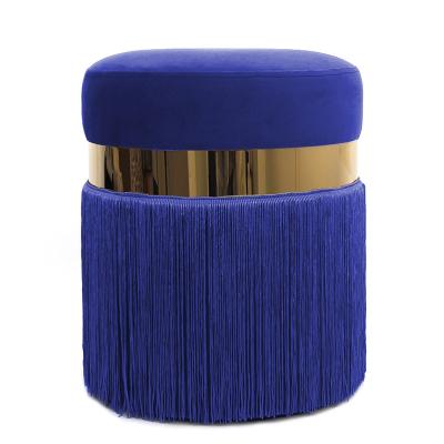 China Customized new high quality blue seated modern design velvet round shape foot stool stool pouf with tassels for sale