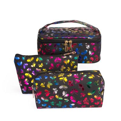 China 2021 Dongguan Beauty butterfly printing portable makeup storage bag 3 in 1 travel cosmetic bags set for sale