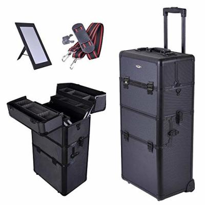 China Professional Makeup Trolley Case Tall Multifunctional High Capacity Rolling Cosmetic Case Aluminum for Makeup Artist for sale