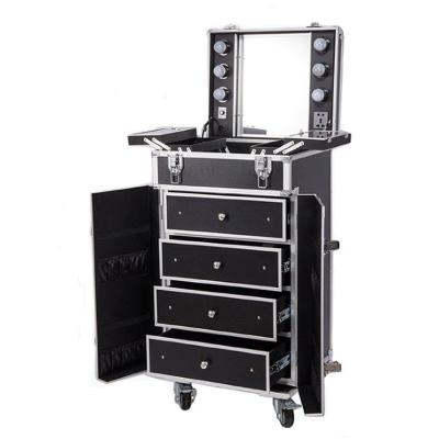 China 2022 New Professional Wood Makeup Cabinet Trolley Case With Lighted Mirror en venta