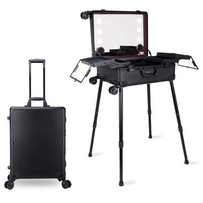 China Professional rolling aluminum makeup case with led lights and mirror Trolley makeup station beauty Train case on wheels en venta